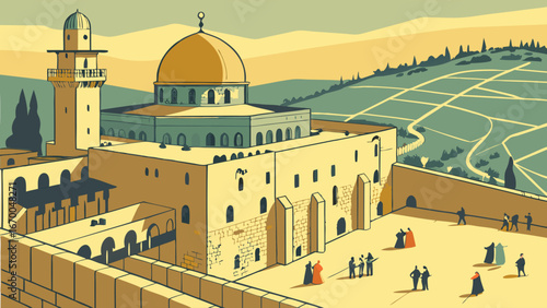 Ancient Religious Architecture Dome Islamic Building Middle Eastern Style Historical Site Illustration Vintage Travel Poster Design Cultural Heritage Artwork Spiritual Place Golden Dome Stone Walls P.
