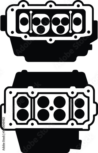 Monochrome vector illustrations of engine cylinder heads, top view, outline and silhouette versions, technical diagrams of internal combustion engine components, mechanical engineering icons.