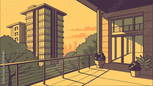 Apartment balcony view at sunset cityscape and trees illustration.