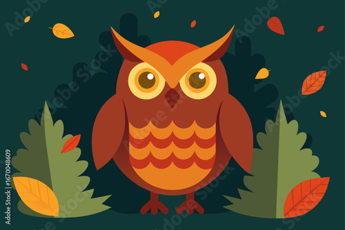 A wise brown cartoon owl with big eyes and a beak sits on a branch at night under the moon
