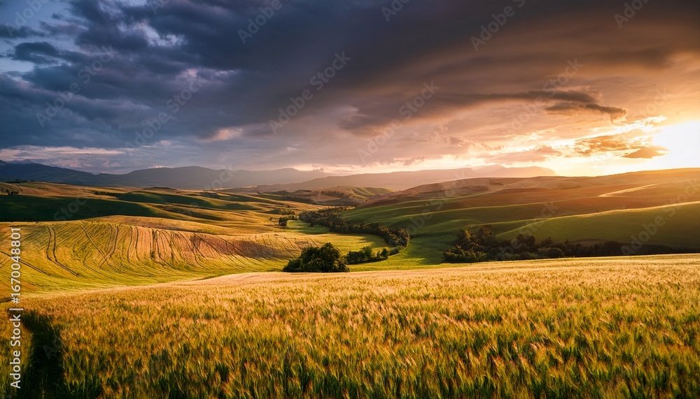 Fototapeta premium golden hour sunlight bathes rolling hills and wheat fields under a dramatic sky