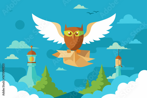A cute cartoon owl character flying at night with a full moon in the sky