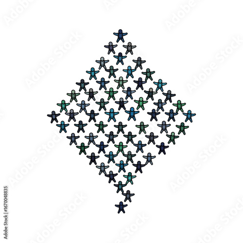 Pixelated Diamond Formation With Assembled Human Figures in Green Blue and Black a Geometric Crowd Creating Abstract Design