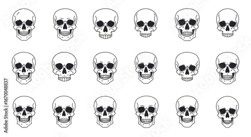 A grid of stylized human skulls, rendered in black and white with bold outlines, arranged in three rows of five