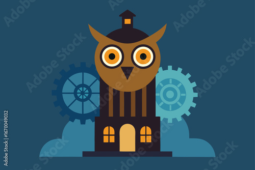 A cute cartoon cat and owl silhouette illustration card for Halloween night with moon and pumpkin