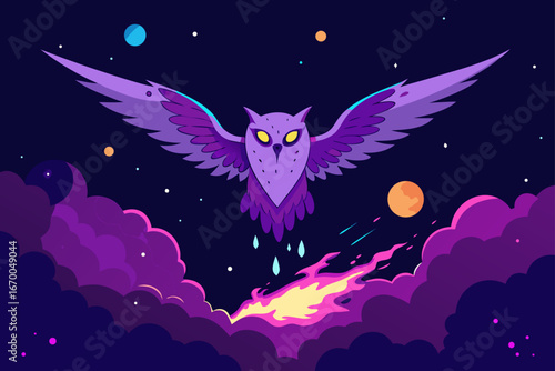 A nocturnal owl perches on a crescent moon, its silhouette against a sky full of twinkling stars and celestial wonders