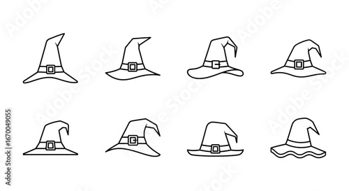 Diverse Collection of Hand-Drawn Witch Hat Outline Illustrations for Halloween, Magic, and Fantasy Themed Design Projects