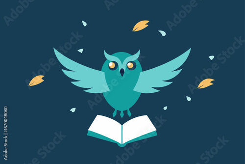 A cute cartoon owl sitting on a tree branch against a starry night sky with a happy moon and stars