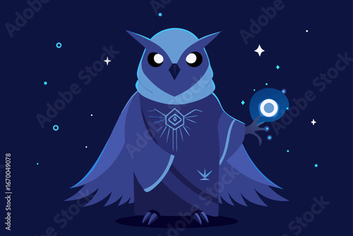 A nocturnal cartoon owl silhouette perched on a branch under a crescent moon in a starry night sky