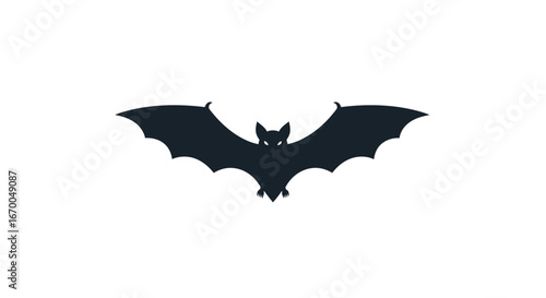 Simple black bat silhouette with spread wings, a flat vector icon design for Halloween and scary nocturnal animal themes isolated on a white background