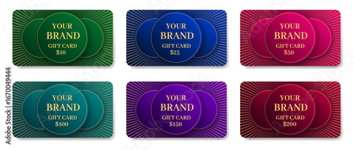 Gift cards mockups with shadows. Background template with abstract pattern. Voucher or coupon	