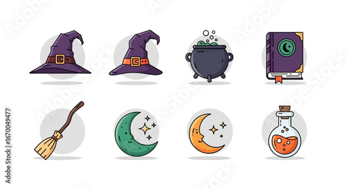 Vibrant collection of magical and spooky icons perfect for Halloween designs, featuring witch hats, spell books, bubbling cauldrons, brooms, and mystical moons