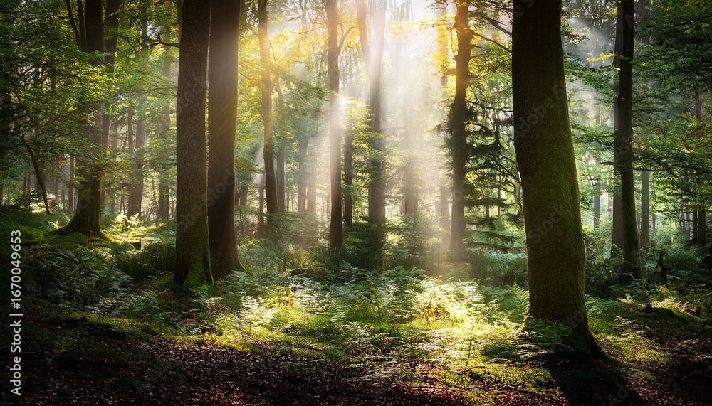 Obraz premium enchanted forest illumination captivating light beams in a mystical woodland setting