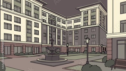 Apartment Courtyard with Fountain and Landscaping at Night