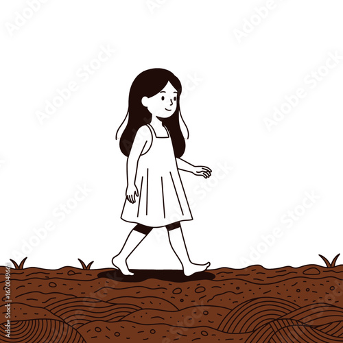 Walking Girl with Simple White Dress Barefoot on Brown Ground Minimalist Isolated Clean Drawing