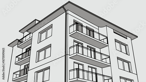 Architectural drawing of a modern apartment building with balconies