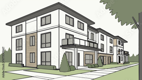 Apartment Building Exterior Modern Architecture Illustration Residential Design Sketch Two-Story House Property Development Drawing.