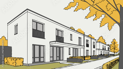 Architectural Design of Modern Houses in Autumn Setting