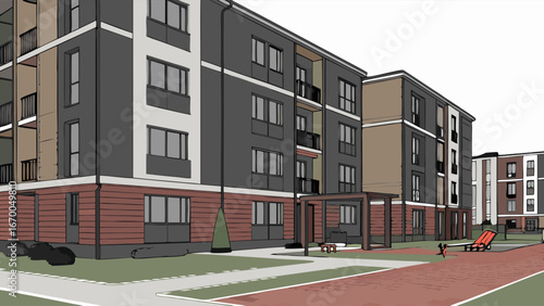 Apartment building exterior modern architecture residential complex urban design architectural rendering building facade real estate illustration property development housing project contemporary hom.