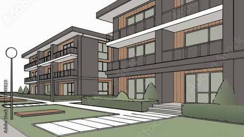 Apartment Building Exterior Modern Architecture Residential Design Urban Landscape Illustration.