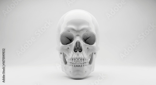 Frontal perspective of a meticulously rendered 3D human skull, presented in pristine white with intricate bone detail, evoking anatomical study and symbolic reflection