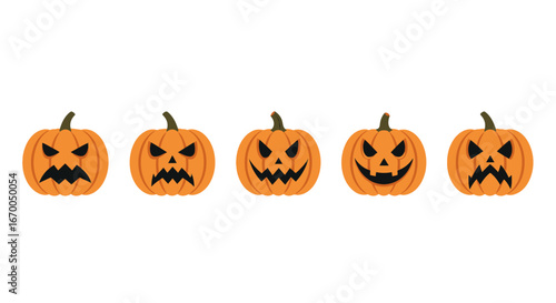 Five jack-o-lanterns with spooky carved faces in a horizontal line against a white background