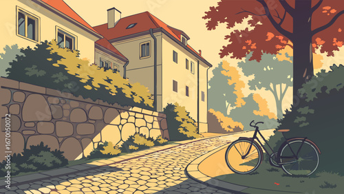 Autumnal Cobblestone Street with Bicycle and Buildings