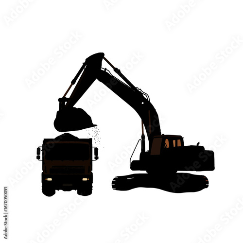 Excavator Loading Soil Into a Heavy Truck in Black Silhouette Style on White Background