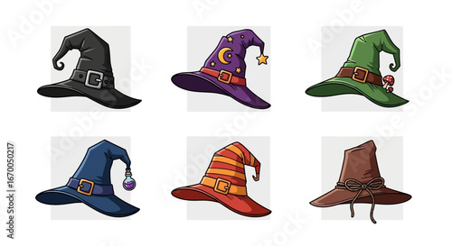 A diverse collection of witch hats, showcasing various colors, styles, and embellishments, perfect for fantasy and Halloween themes