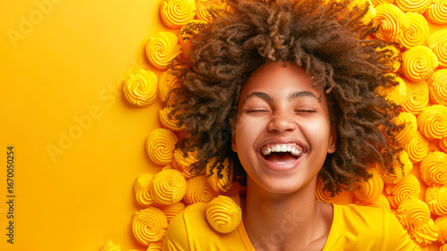 Joyful African American woman laughing with curly hair surrounded by yellow decorative elements