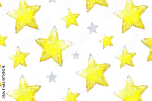 Repeating pattern of hand-drawn yellow stars with white outlines, plus a few grey stars on a white background