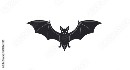 Monochrome flying bat icon with outstretched wings, isolated on a white background. Simple flat vector illustration for Halloween or gothic horror themes