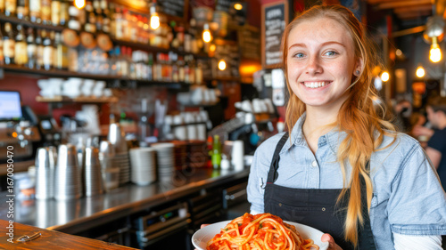Young woman serving delicious spaghetti dish in a vibrant restaurant with warm ambiance and decor