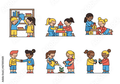 Group of children participating in collaborative activities such as reading, building, and gardening together. Suitable for educational and teamwork concepts.