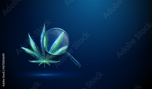 3d green cannabis leaf and magnifying glass. Pharmacology, cannabinoid research, alternative medicine, drug development, biotechnology, cbd products, hemp industry concept.