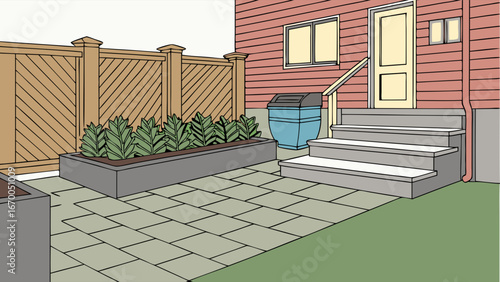 Backyard Patio Design with Wooden Fence and Planters