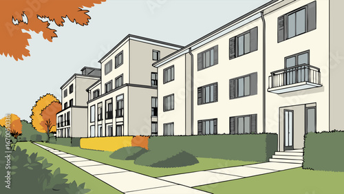 Apartment buildings autumn trees sidewalk residential area illustration vector graphic fall foliage building exterior landscaping architecture design urban scene housing development property real est.