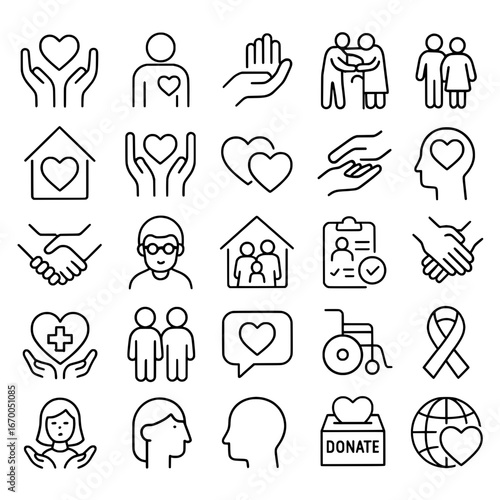 Icon pack, icon sheet, social concern theme, outline version