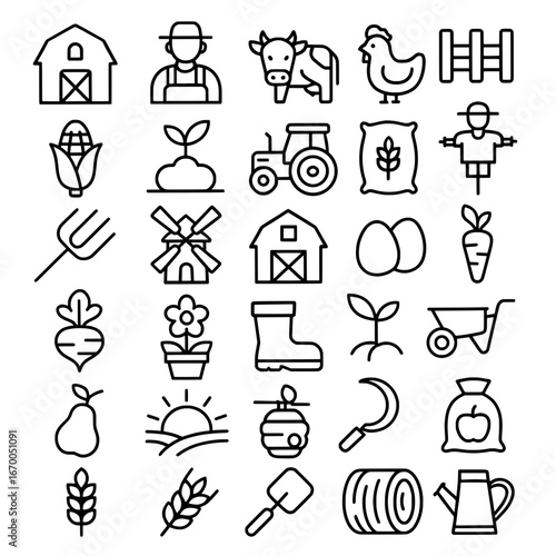 Icon pack, icon sheet, livestock theme, outline version