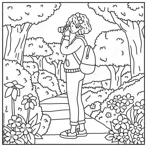 A girl taking a photo in the park coloring book