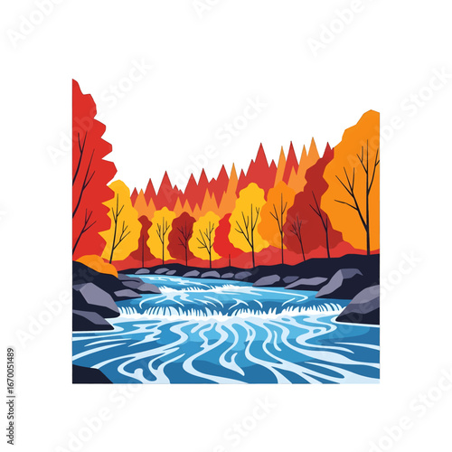 Pixel Art Landscape of Autumnal Forest and Flowing River with Vivid Foliage and Rock Formations in a Serene Setting