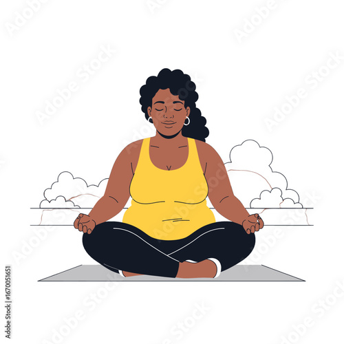 Woman in Yellow Tank Top Meditating with Black Pants Clouds Background in Pixel Art Style