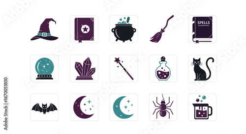 Collection of mystical and enchanting magic-themed icons, featuring witch hats, spell books, cauldrons, crystal balls, and other arcane elements