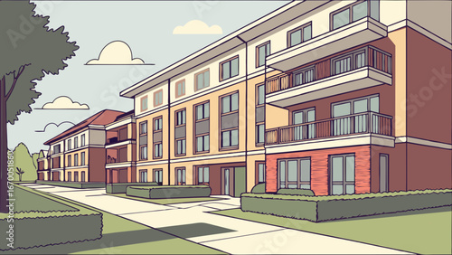 Apartment Buildings Residential Complex Modern Architecture Suburban Street Green Space Urban Landscape Exterior View Daytime Scene Residential Design Building Facade Property Development Real Estate.