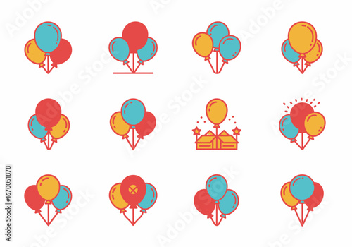 Minimalist balloon clusters in various color combos in a grid. Ideal for party invitations, event posters, or festive designs.