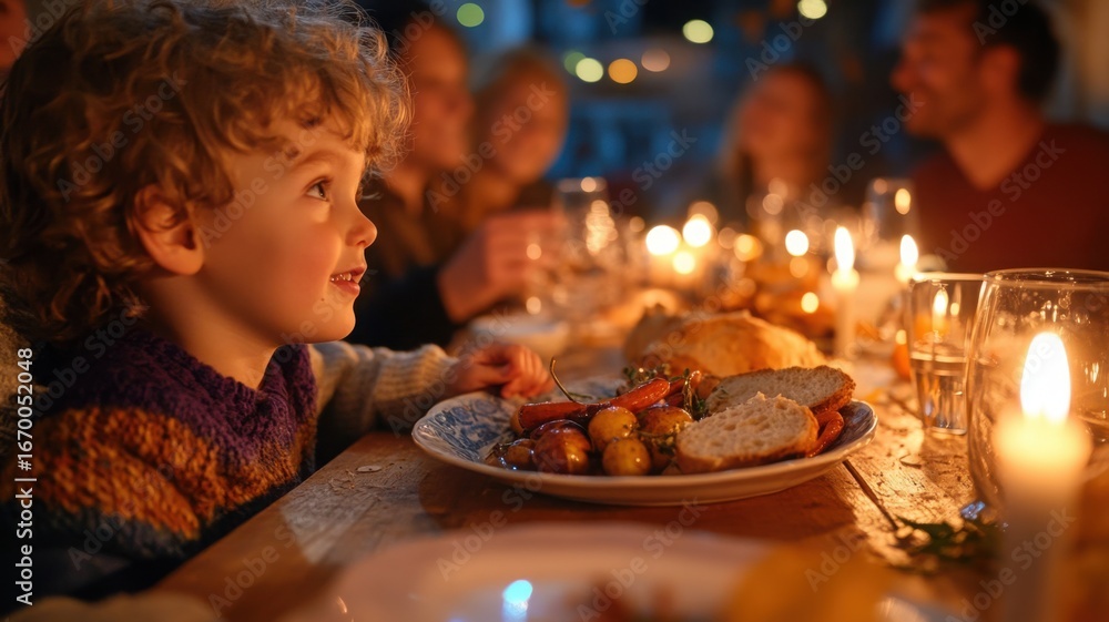 Naklejka premium Intimate autumn dinner scene viewed from behind a young child surrounded by adults