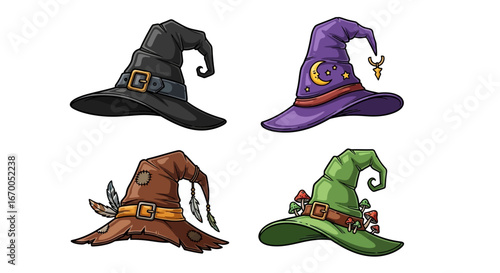 A collection of whimsical and enchanting cartoon witch hats, featuring diverse designs perfect for magical themes, fantasy costumes, and spooky season decorations