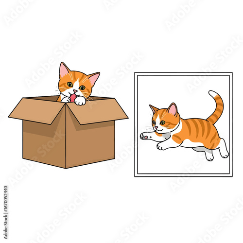 Cartoon Orange and White Striped Kitten Peeking from Cardboard Box Next to Playful Jumping Kitten on White Background