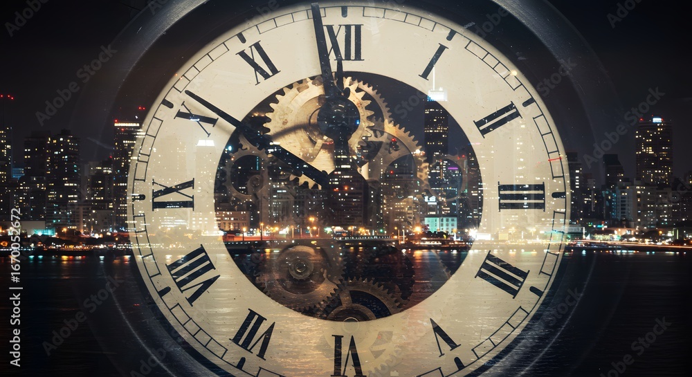 Fototapeta premium Clock face merged with gears and city lights, time management concept double exposure
