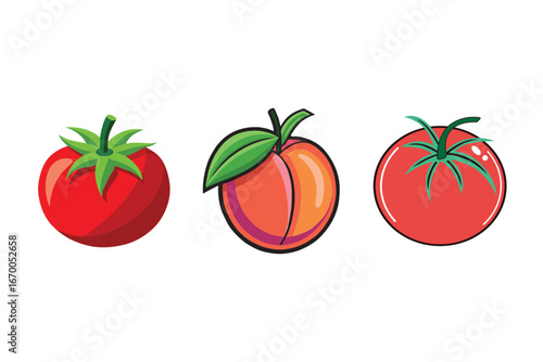 Three fresh fruits and vegetables tomatoes and peach on isolated studio shot